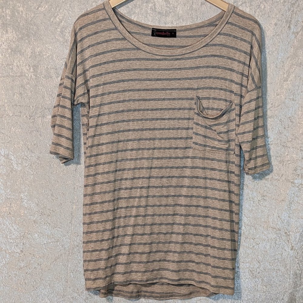 Annabelle Light Blue and Tan Crinkle Pocket Tee